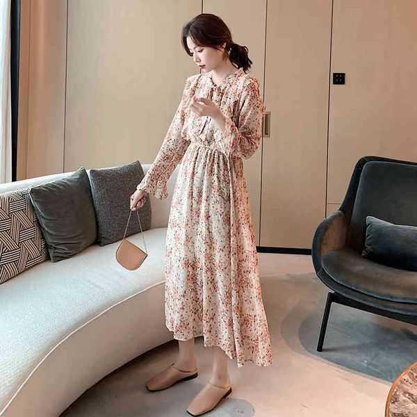 

women chiffon dress vintage floral printed long sleeve casual ruffles dresses fashion female boho vestidos spring summer 210423, Black;gray