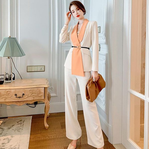 

women's two piece pants fashion korean vintage women temperament turn-down collar long sleeve split coat suit loose wide leg female 2 p, White