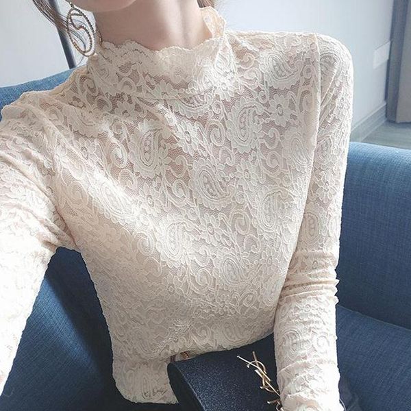 

women's spring autumn style lace blouse shirt embroidery printed turtleneck patchwork korean dd8345 blouses & shirts, White