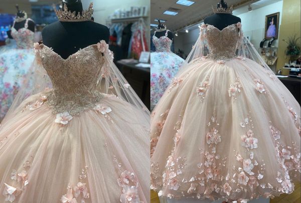 

stunning princess queen robe blush pink 2022 quinceanera prom dresses charro 3d floral flowers lace off shoulder with wrap cape tulle corset, Blue;red
