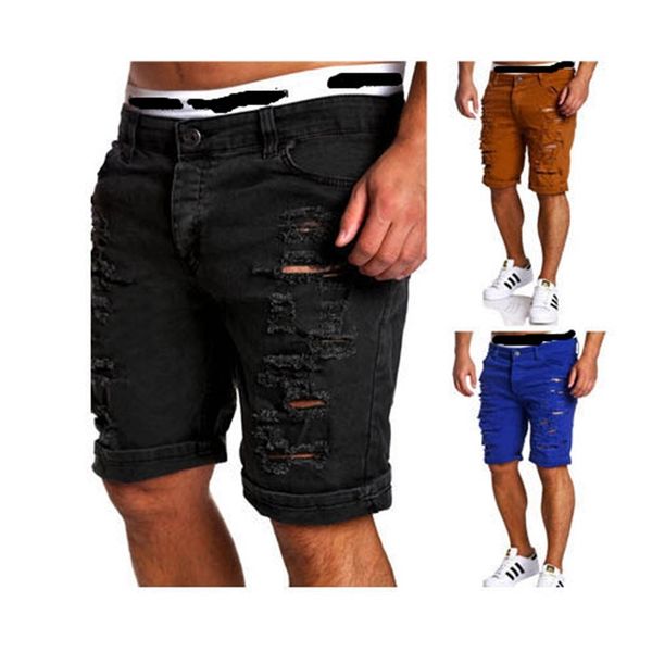 

men's pants summer holed slim washed jeans shorts thin large casual, Black