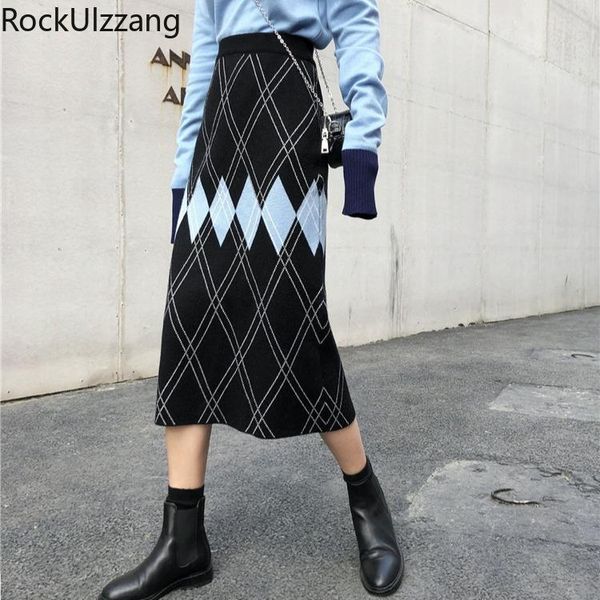 

skirts fall winter women high waist elegant slim a-line vintage plaid arygle fashion midi long skirt korean knit knitted contrast 2021, Black