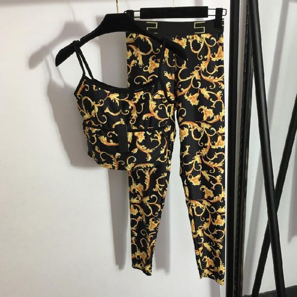 

women's two piece pants 21 luxury design high-end fashion yoga sports suit retro flower print bra suspender + webbing high waist slim, White