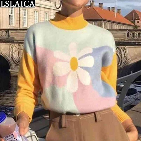 

fashion long sleeve ladies sweaters autumn winter clothes casual women sun flower color matching elegant office lady 210515, White;black
