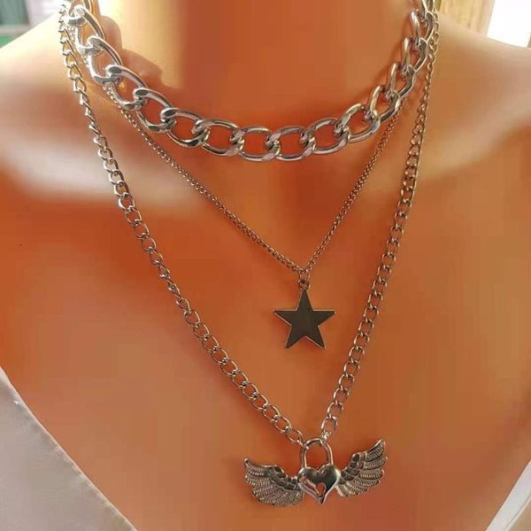 

pendant necklaces 2021 punk hip hop thick chain love angel necklace for women vintage geometric metal fashion y2k accessories, Silver
