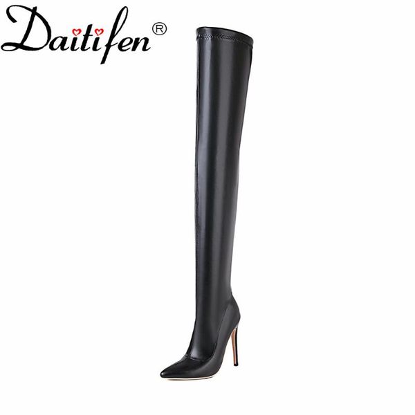 

boots daitifen pu material pointed slim zipper women over the knee heel thigh high woman boot stiletto heels women's shoes, Black