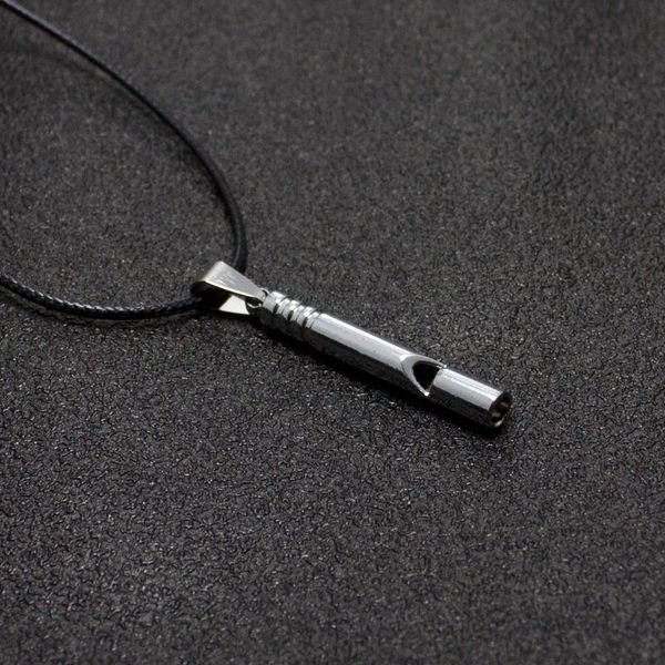 

pendant necklaces leather rope men retro outdoor survival stainless steel whistle pendants neckless adjustable cool couple jewelry, Silver