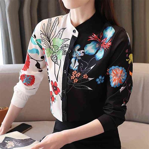 

spring long sleeve chiffon blouse casual plus size shirts print female stand collar vintage women shirt blusas 8004 210421, White