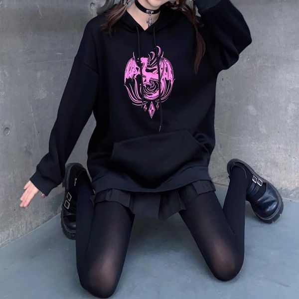 

women's hoodies & sweatshirts ruibbit japanese punk goth gothic harajuku long sleeve plush pullover streetwear y2k women o neck, Black