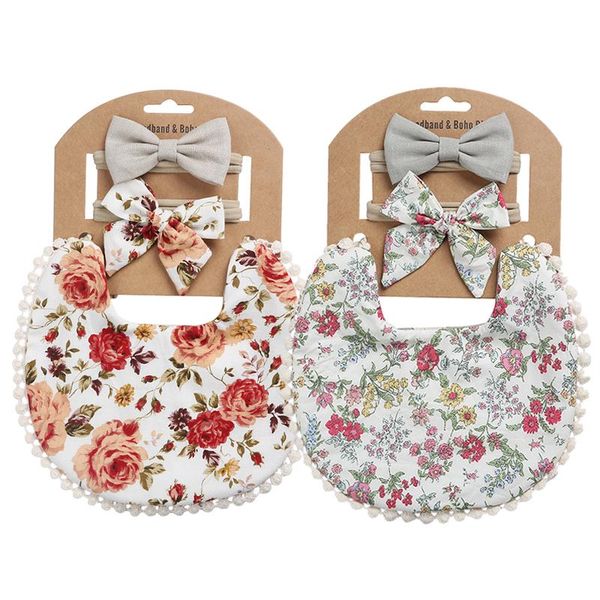 

2/3pcs baby bibs headband set bows princess born girl burp cloths flower printed infant toddler apron feeding stuff &