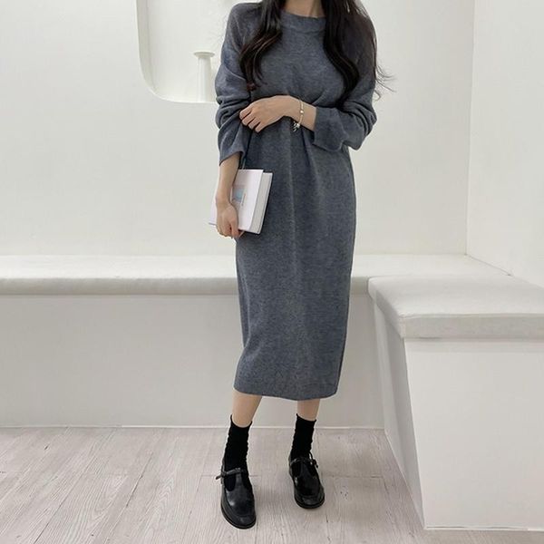 

casual dresses cashmere sweater dress women clothes 2021 autumn winter korean loose solid grey thick knitted woman vestido, Black;gray