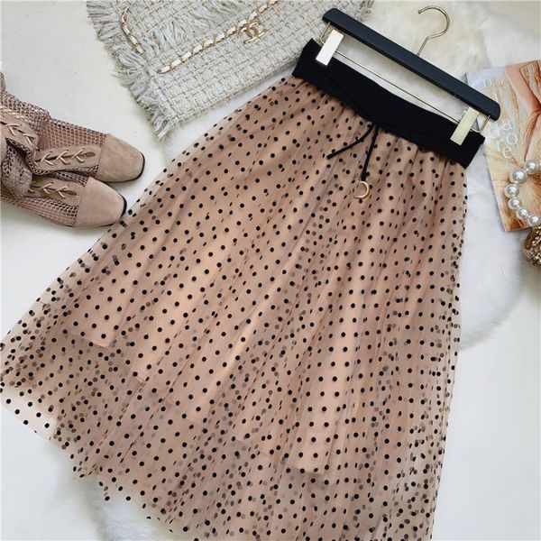 

skirts 2021 fashion send waist closure gauze skirt high puff polka dot mid-length net gown women, Black