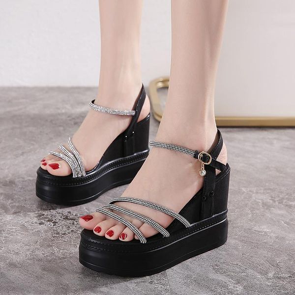 

sandals fashion roman wedges heel rhinestone women comfortable shoes, Black