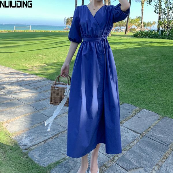

summer short sleeve beach dresses women bohemian solid blue holiday dress woman puff party vestido 210514, Black;gray