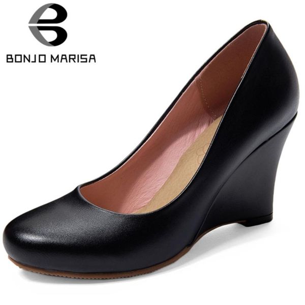

dress shoes bonjomarisa fashion office lady pumps shallow slip on round toe high wedges women casual career leisure spring woman, Black