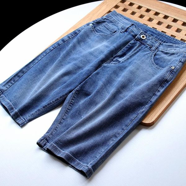

men's jeans summer shorts thin loose straight elastic casual pants zx3556, Blue