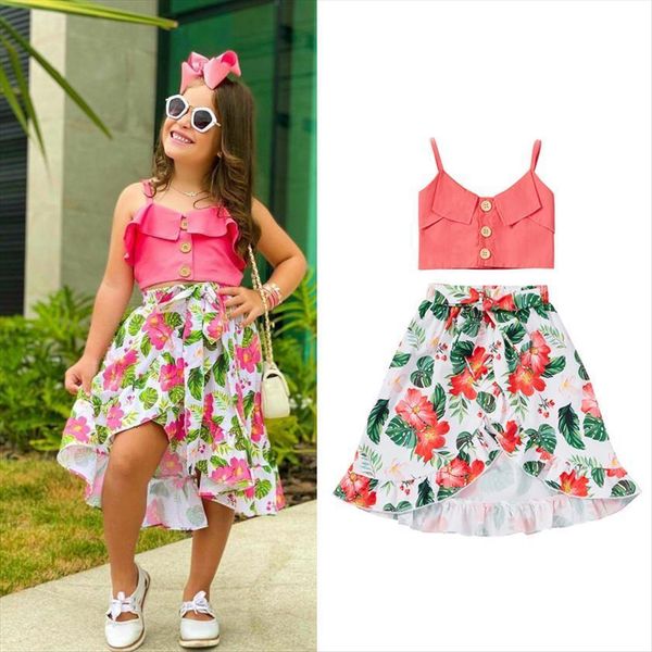 

summer lovely kids girls clothes sets 1 5y ruffles single breasted strapless vest flowers printed a line skirts, White