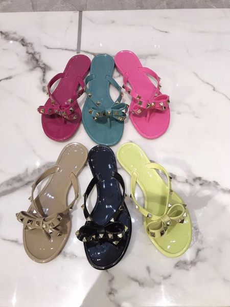 

fashion woman flip flops summer shoes cool beach rivets big bow flat sandals brand jelly bows girls size 35-41 slippers, Black