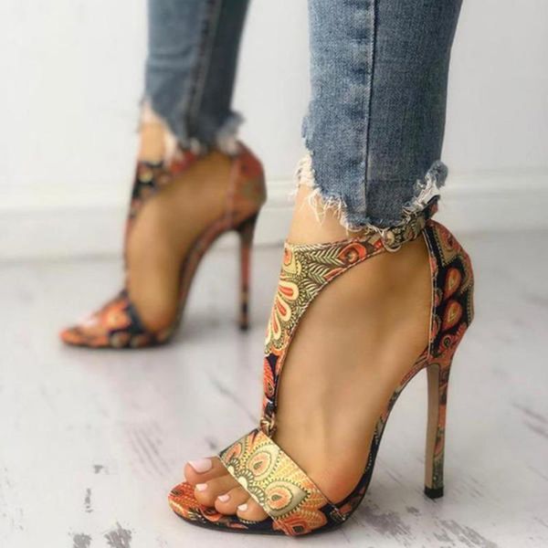 

sandals 2021 summer fashion print high heels large 40-43, Black