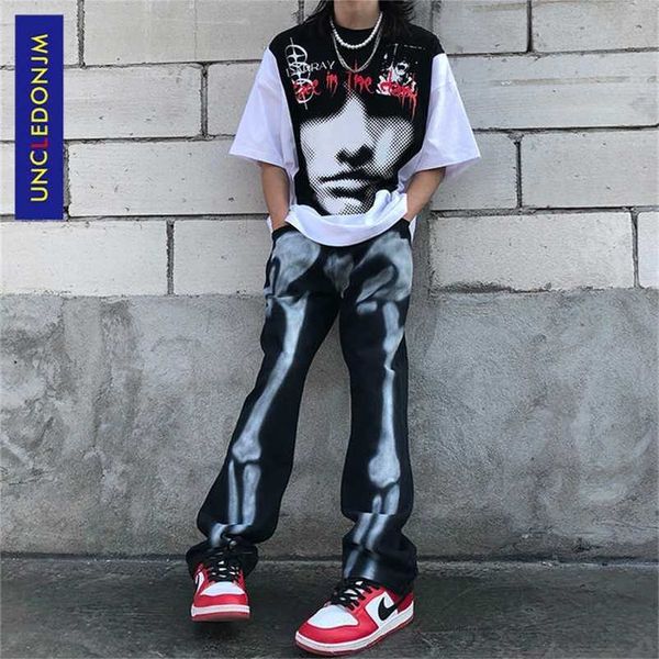 

uncledonjm designer pants men clothing women streetwear graffiti men jeans trousers skeleton denim hip hop jeans a213 211103, Blue