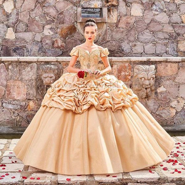 Princess Gold Girls vestidos de xv a￱os 2021 Abiti Quinceanera Sweetheart Applique in pizzo Ball Gown Masquerade Prom Wear