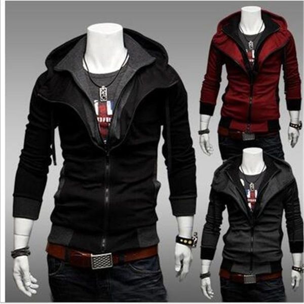 

men's jackets 2021 spring and autumn fashion casual slim contrast color hooded cardigan sweater jacket coat, Black;brown