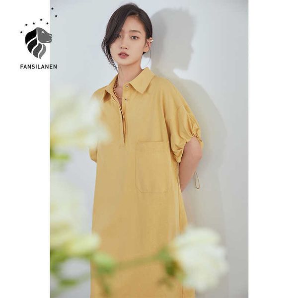 

fansilanen office ladies yellow 100% cotton short sleeved polo dress summer women loose casual skirt 210607, Black;gray