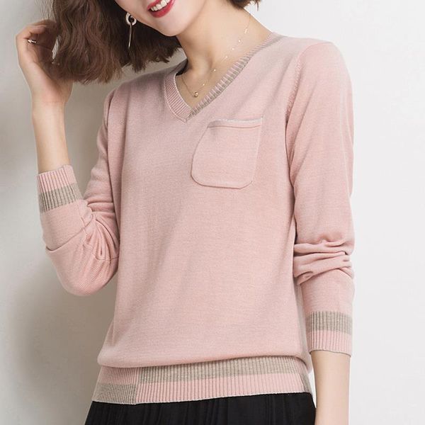 

women's sweaters 2021 women sweater autumn winter solid color pocket v neck jumper long sleeve knitted pullovers female y171, White;black