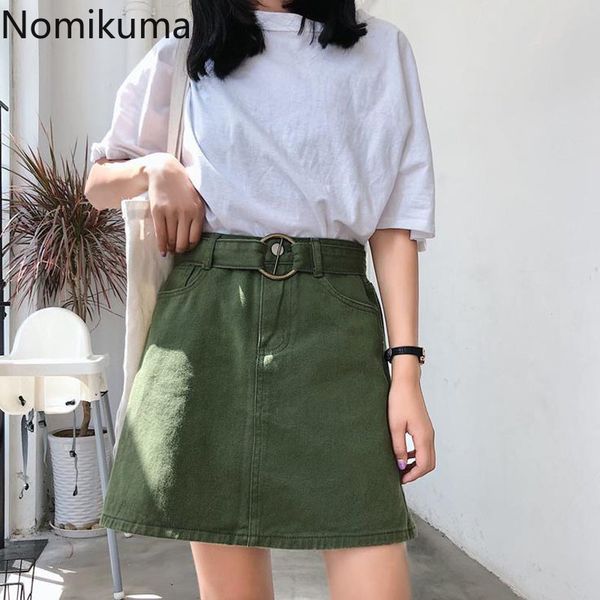 

nomikuma summer high waist denim skirt women solid color sash lace up casual fashion mini skirts korean streetwear 3b780 210514, Black