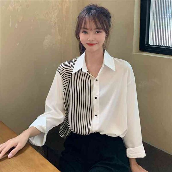 

summer women's shirts korean style niche irregular striped stitching loose long-sleeved shirt gx250 210507, White