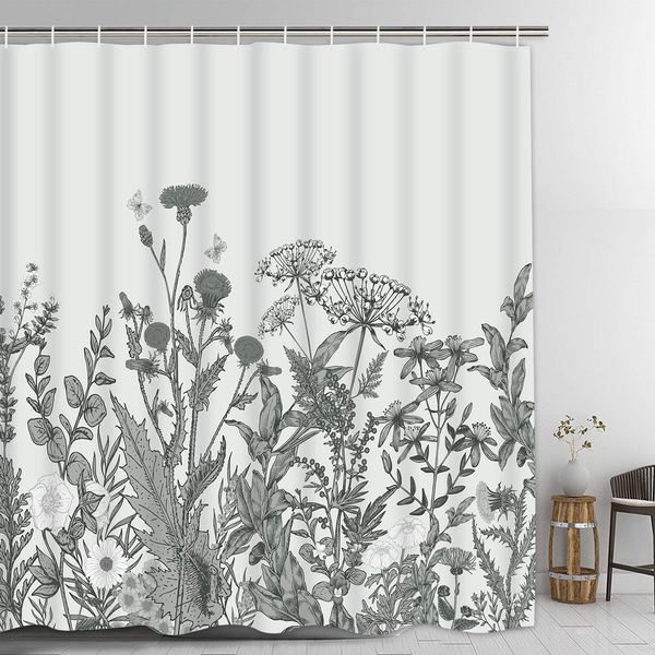 

wildflower shower curtain, vintage herbs shower curtains with 12 hooks, wild floral shower curtain for bathroom, 69 x 74 inches