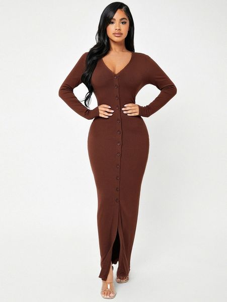 

sxy button through rib knit bodycon dress b6ss#, Black;gray