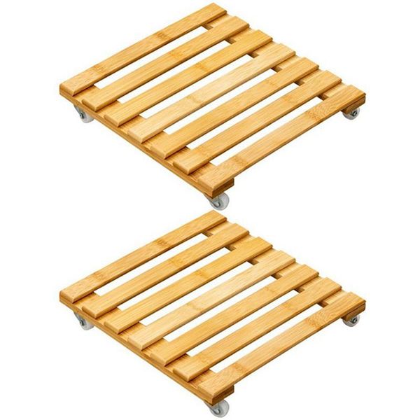 

-home garden bamboo movable plant pot trolley tray square universal wheel potted chis base stand planters & pots