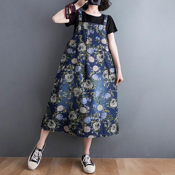 

casual dresses women summer denim dress arrival 2021 street style floral print loose female spaghetti strap long b312, Black;gray