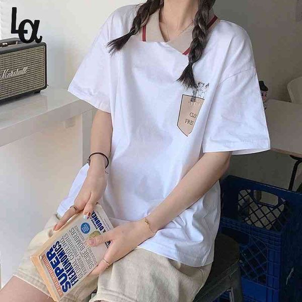 

summer women short sleeve turn down collar pink white loose t-shirts sweet design cartoons female japanese cute 210519