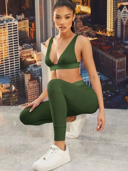 

ribbed v-neck bralette & high-rise leggings set a9iq#, White