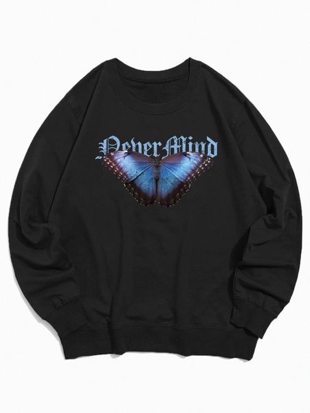 

romwe guys letter butterfly graphic sweatshirt x9o2#, Black