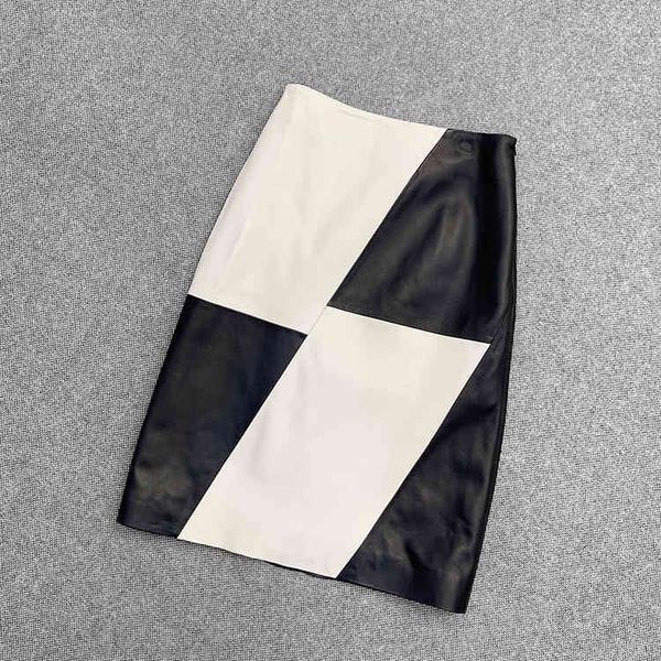 

skirts 2021 sping runways genuine leather black/white female fashion sh skirt c105