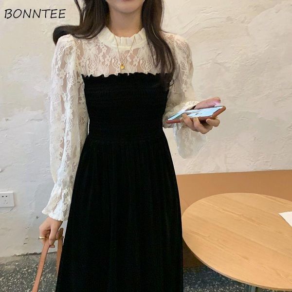 

casual dresses long sleeve dress women pleuche vintage aesthetic 2021 oversized vestido classy charm mujer lace patchwork retro elegant how, Black;gray