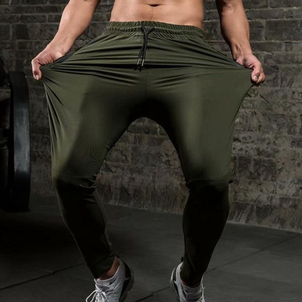 

running pants thin men fitness sports gym elastic quick dry sweatpants training jogging exercise slim trousers zip pocket, Black;blue