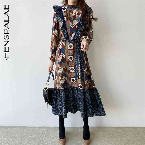 

spring autumn women vintage loose high waist slim was thin elegant hit color splice ruffles maxi dress za557 210427, Black;gray