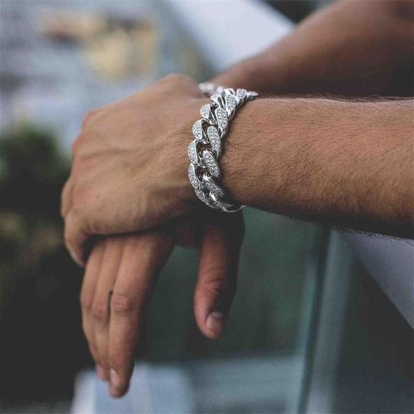 

link, chain 2021 men hip hop iced out bling cz bracelet pave setting rhinestone 20mm width miami cuban link bracelets hiphop jewelry gifts, Black