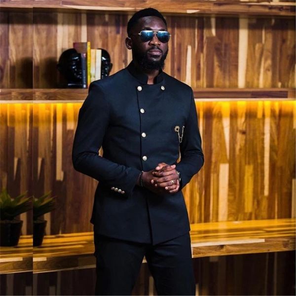 

men's suits & blazers black stand collar men gold buttons costume homme prom terno masculino groom blazer wedding 2 pcs (jacket+pants), White;black