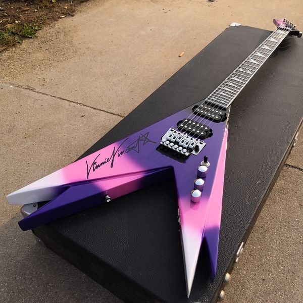 Roman Vinnie Vincent Double Flying V Purple Pink Chitarra elettrica Floyd Rose Tremolo Bridge Locking Nut, Sharkin Inlay, Chrome Hardware