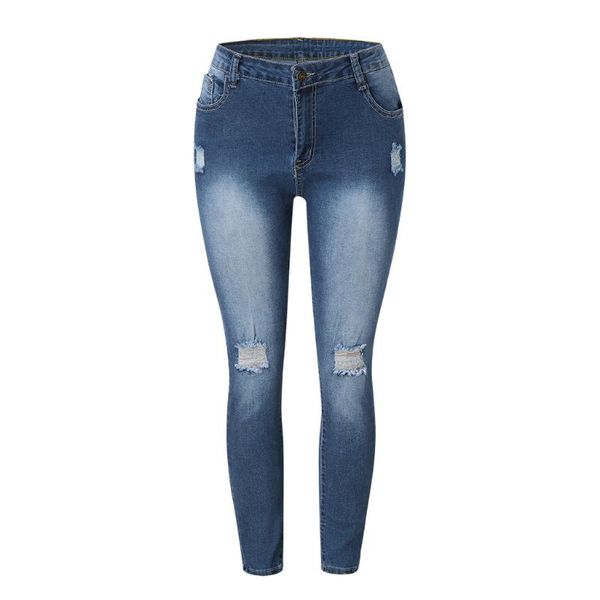 

women slim skinny pants hight waist denim solid pencil jeans blue zipper stretch high elasticity ripped 1126 women's
