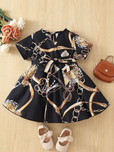 

baby tassel & chain print notched neck belted dress she, Red;yellow