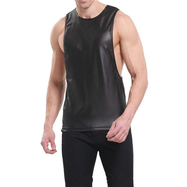

bras sets mens tank pu leather gyms muscle bodybuilding fitness sleeveless shirt casual loose streetwear gay party clubwear, Red;black