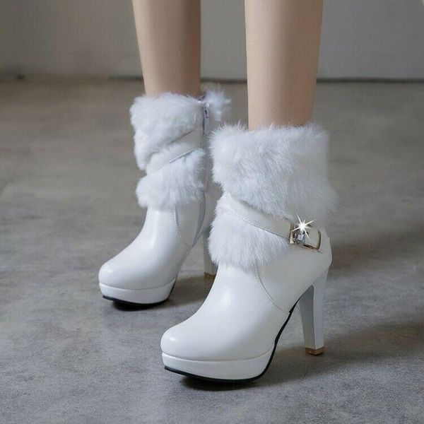

boots womens trendy winter fur furry buckle strap pumps high heels ankle, Black