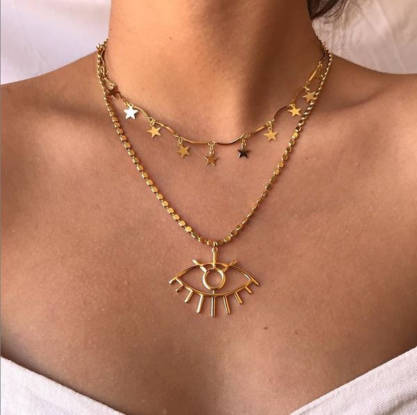 

eye pendant multi-layer necklace creative simple star clavicle chain, Silver