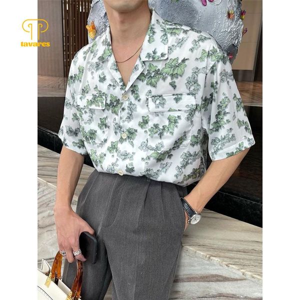 

men's casual shirts tavares summer men short sleeve fashion shirt plum blossom cuban style loose lapel coat, White;black